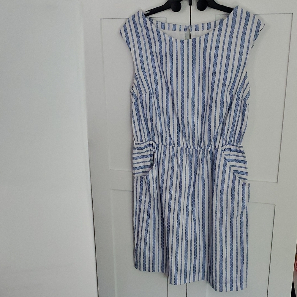 Striped Blue and White Dress with Waist Detail